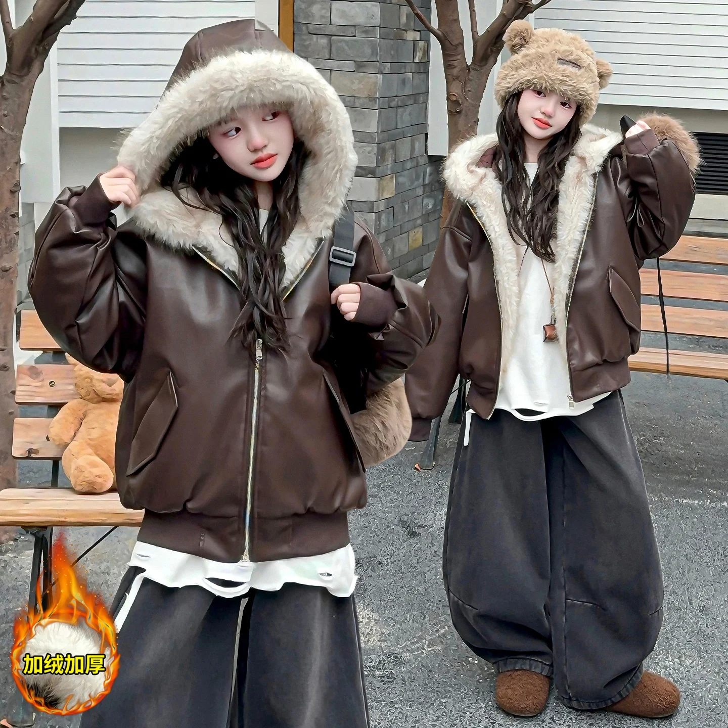 

Korean PU Fur Hooded Parkas Y2K Coats Vintage Thicken Loose Casual Fashion Tops Fashion Snow Wear Girls Down Jackets Age 4-14Y