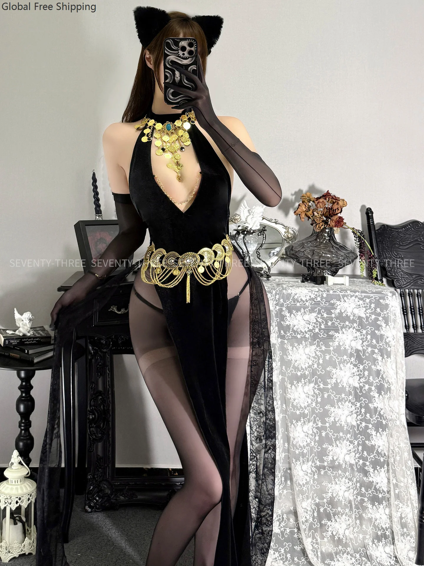 

Velvet Hollow Dress Egyptian Queen Dance Halter Neck High-slit Uniform Halloween Nightclub Party Sexy Role Play Anime Underwear