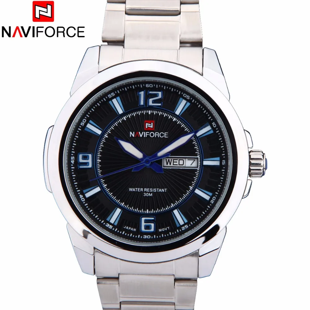 NAVIFORCE 9035 Men\'s Stainless Steel Quartz Watch Men Wateroof Military Sport Watches Male Auto Week Date Calendar Wristwatches