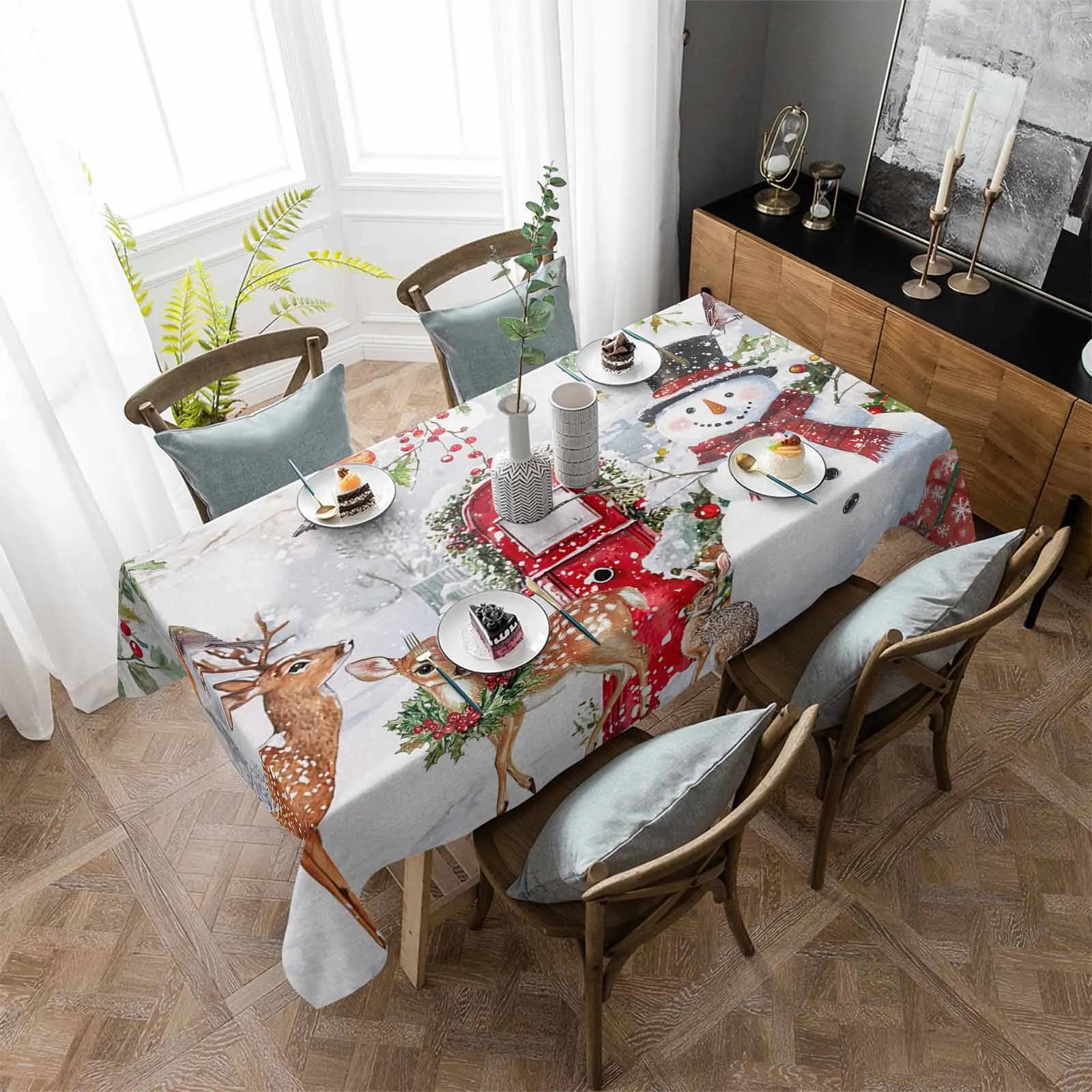 Christmas Deer Rabbit Mockingbird Cedar Leaves Tablecloth Waterproof Dining Table Rectangular Round Table Cover Kitchen Decor