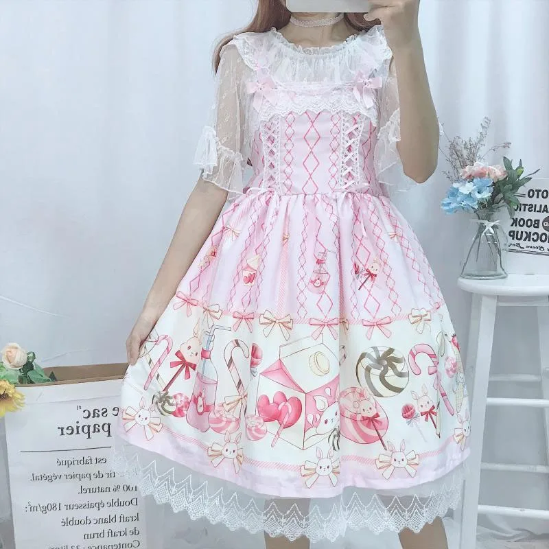 Japanese Style Lolita 2024 Summer New Ladies Sling Sleeveless Patchwork Lace Bow Bandage Fashion Sweet Slim Ball Gown Dress