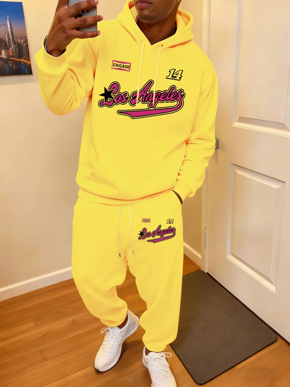 2 قطعة هوديس مجموعة رجالي 14 شيكاغو لوس انجليس الطباعة Sweatpants رياضي فضفاض الصوف الدافئة الركض وتتسابق الخريف جيب الملابس #1