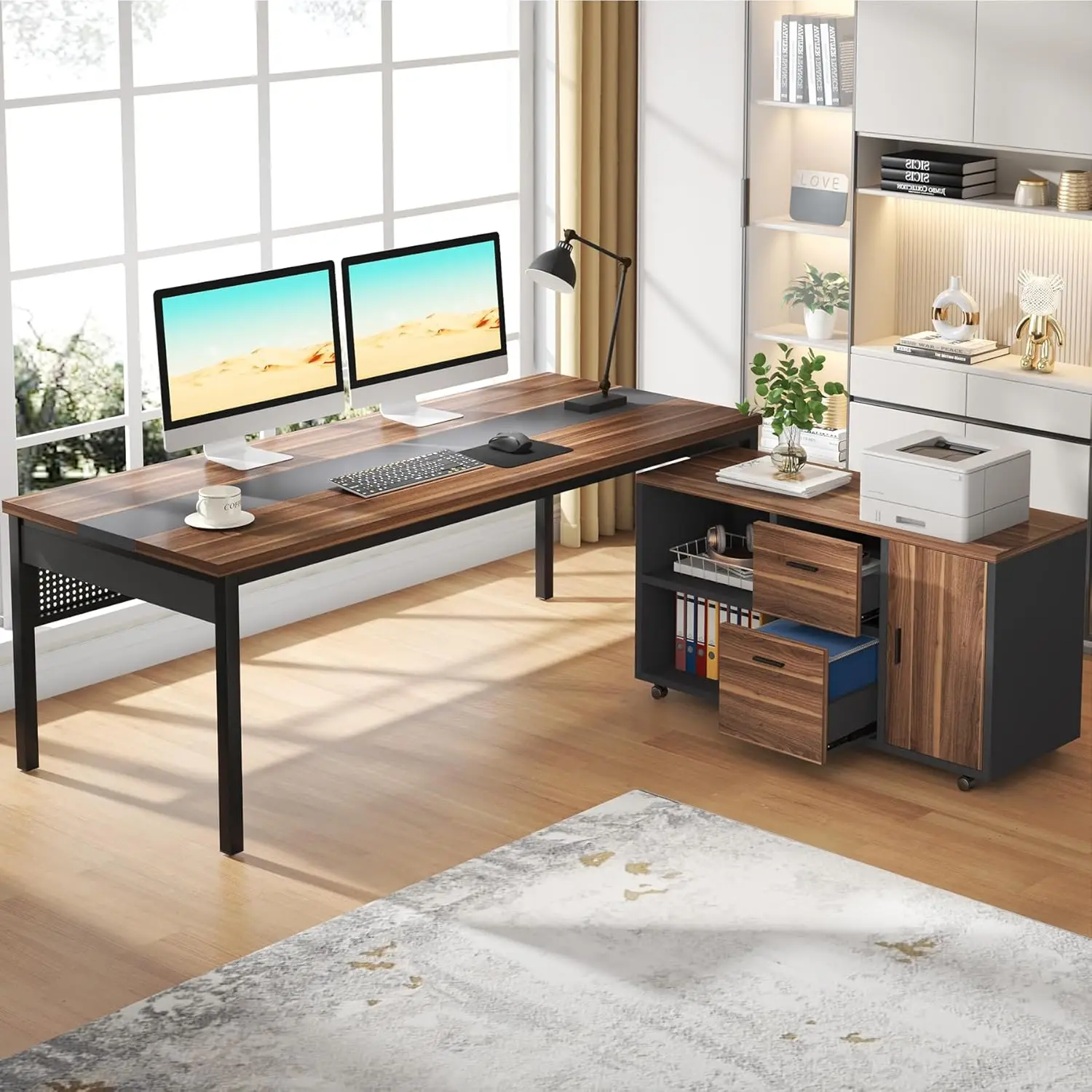 Lateral File Cabinet Combo, L-Shaped Computer Desk 2 Piece Business Furniture with Drawers and Shelves, Home Office Workstation