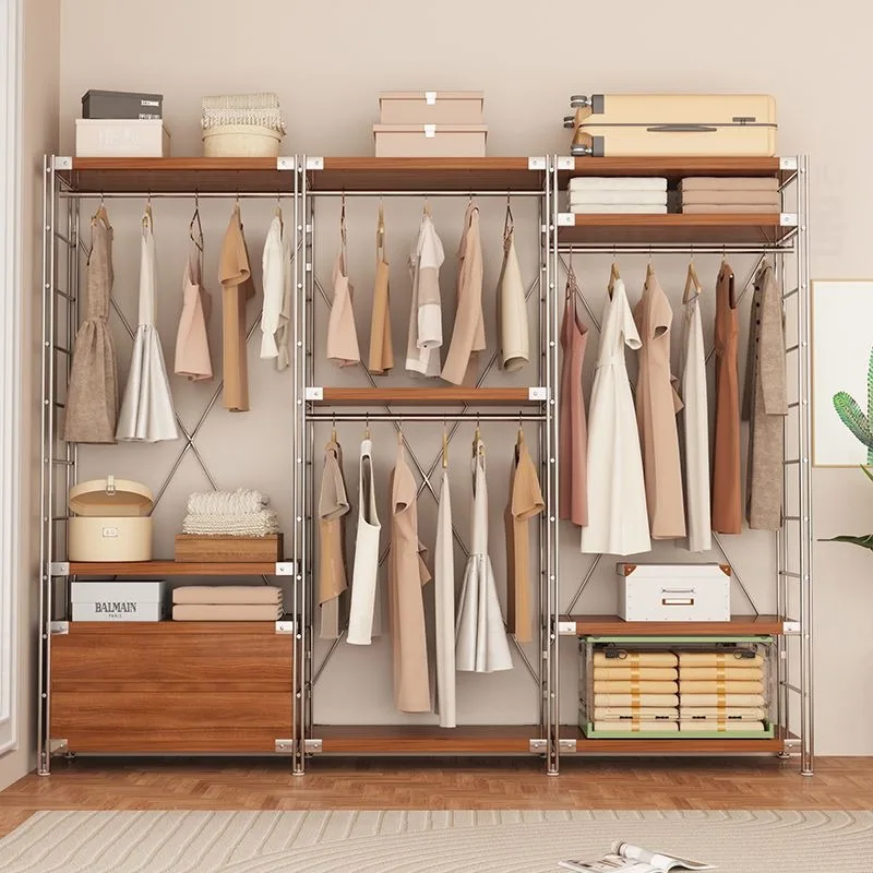 Open hanger rack household log wind wardrobe bedroom floor storage rack