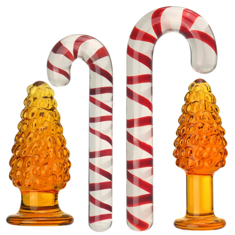 Glass Anal Butt Plug Christmas Gift G-spot Anal Masturbating Clear Sleek Candy Cane Dildo Christmas Decorations Ass Erotic Toys