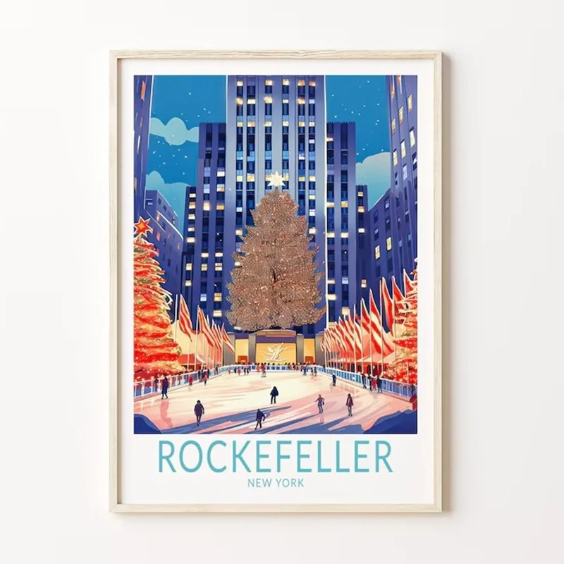 

Плакат «Рождество в Нью-Йорке: Рокфеллер-плаза», туристический плакат с изображением Нью-Йорка, рождественское настенное искусство, подарки для домашнего декора