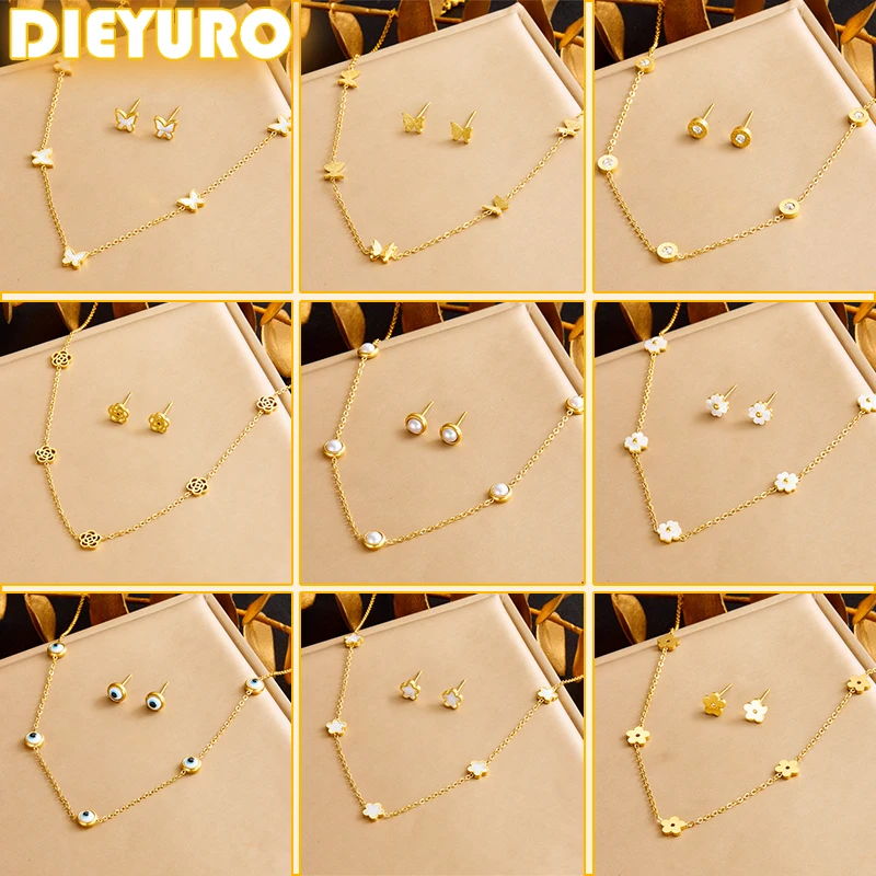 DIEYURO 316L Stainless Steel Pearl Butterfly Flower Golden Necklace Earrings For Womens 2024 New Party Gift Fashion Jewelry Set