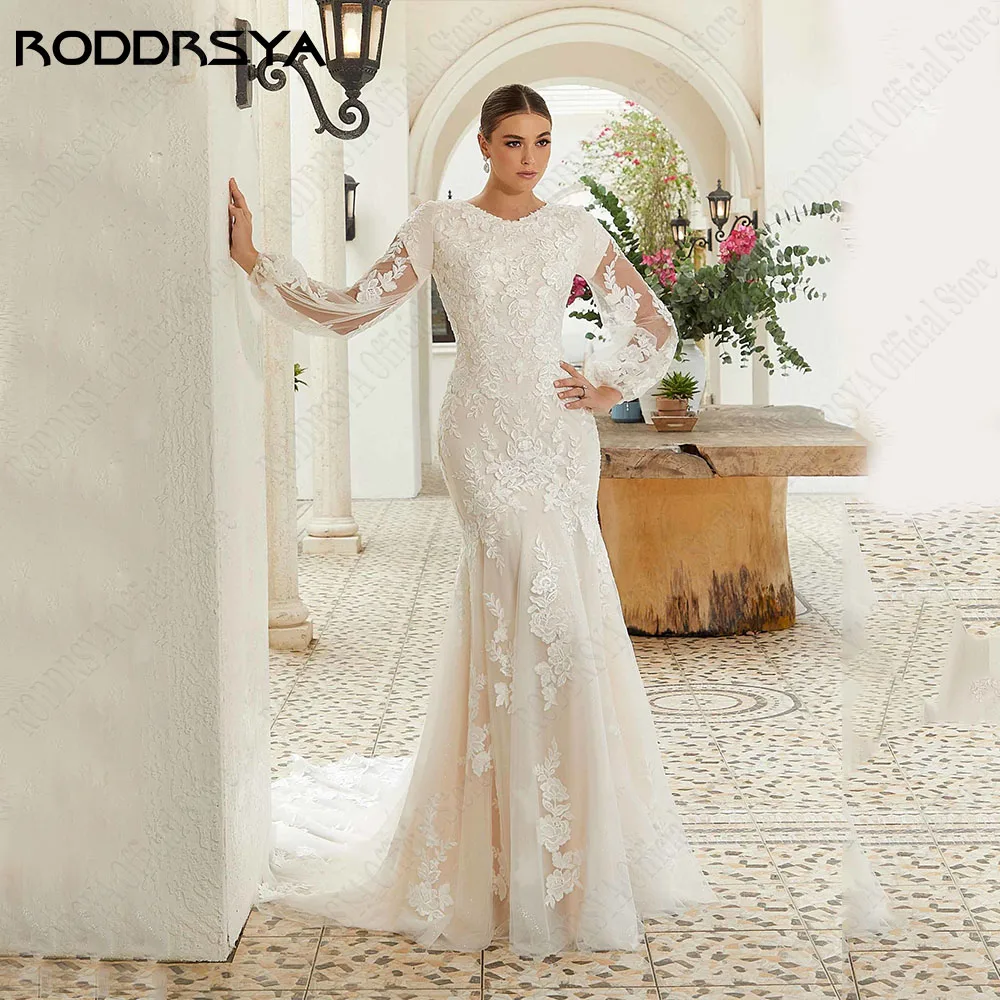 RODDRSYA Exquisite Wedding Dress A-Line For Woman O-Neck Lace Applique Bride Gowns Mermaid Long Sleeves Vestidos De Novia