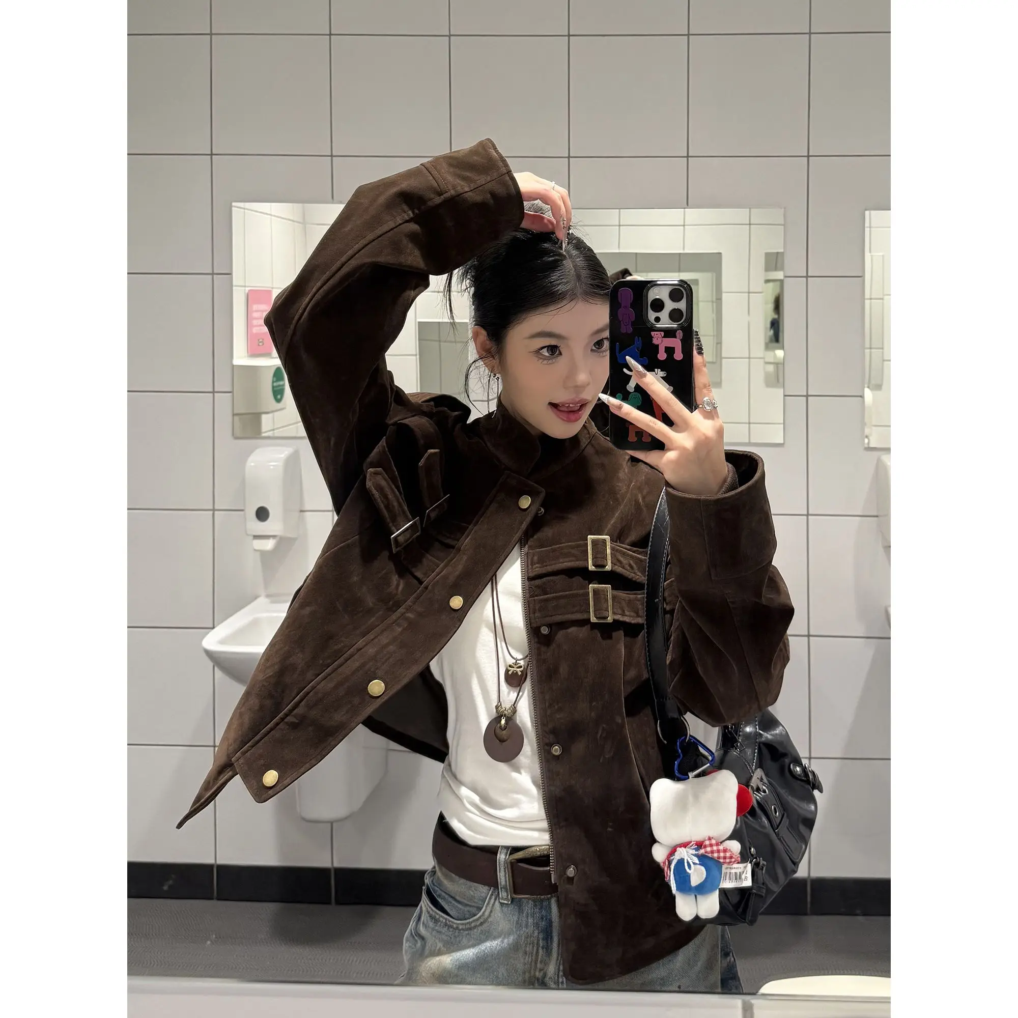 

Американский ретро дизайн сращивания, имитация замши, высококачественная куртка, женское свободное короткое пальто, весенне-осенние мужские куртки, верхняя одежда