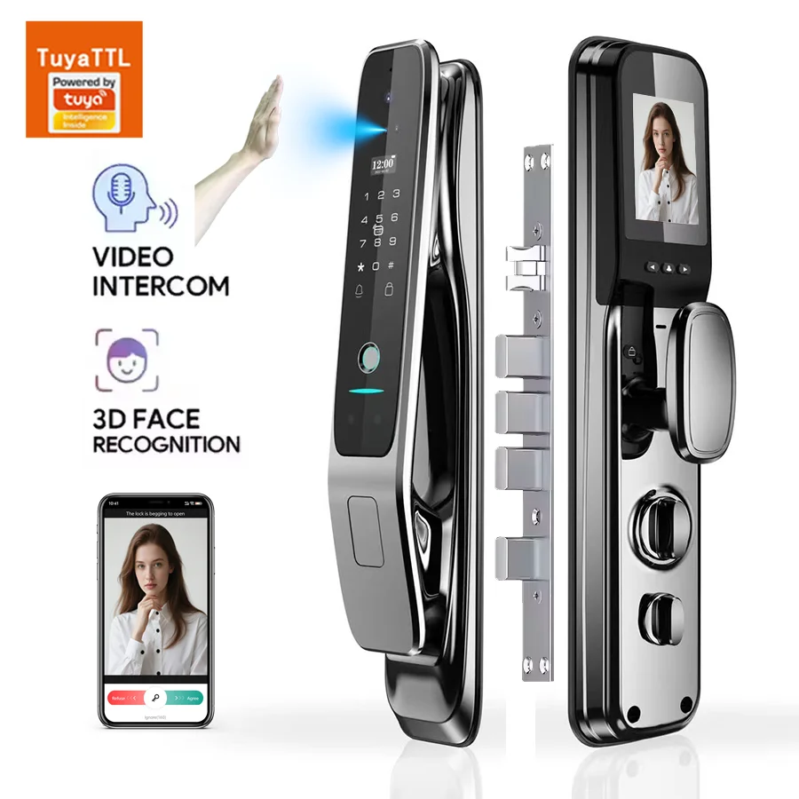 Tuya Fully Automatic Smart Door Lock With 3D Face & Fingerprint Recognition Security For Aluminum & Wood Doors Wifi Connected
