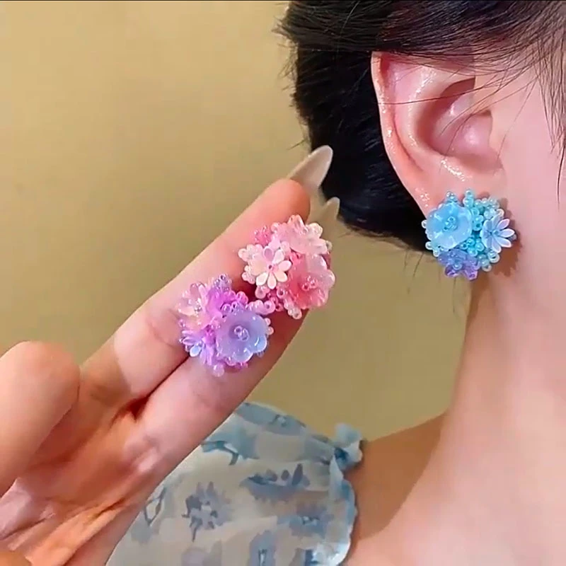 

925 Silver Needle Korean Colorful Flower Earrings For Women Jewelry 2026 Trending Summer Dopamine Color Earrings Vacation Style