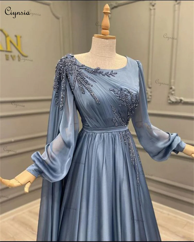 Ciynsia Long Sleeve Muslim Evening Dresses A-Line Scoop Neck Arabic Dubai Formal Party Gowns Beads Lace Robe De Soiree Prom