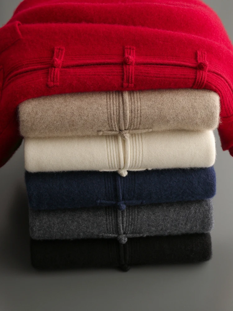 New Chinese Style Men's Jacket 100% Cashmere Sweater Coat Mandarin Collar Knitwear Autumn Winter Thicken Vintage Cardigan Pocket