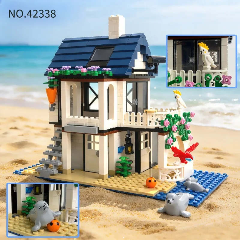 Seaside Villa Building Block Set 42338, Beach and Coastal House Model, Small DIY Assembled Building Block Toys, with Animals.