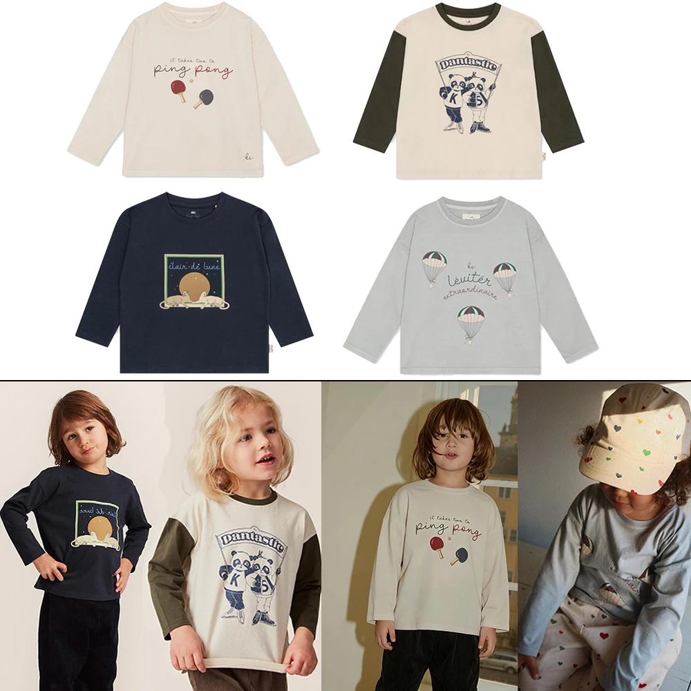 KS Brand New Autumn Children Long Sleeved Round Neck T-shirt Cute Table Tennis Top for Boys/ Girls Panda T-shirt Cartoon Clothes