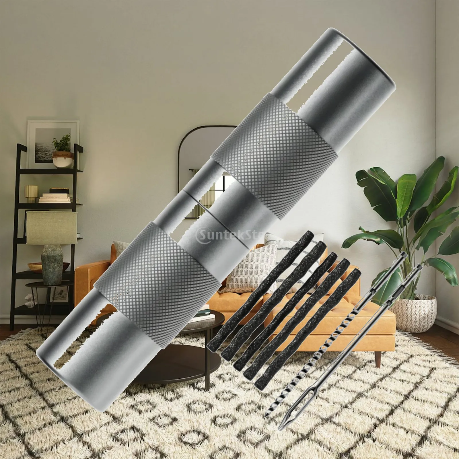 Metal Handled Tire Repair Tool with Plugs for Scooter Bicycle Tubeless Tire Quick Roadside Puncture Patch