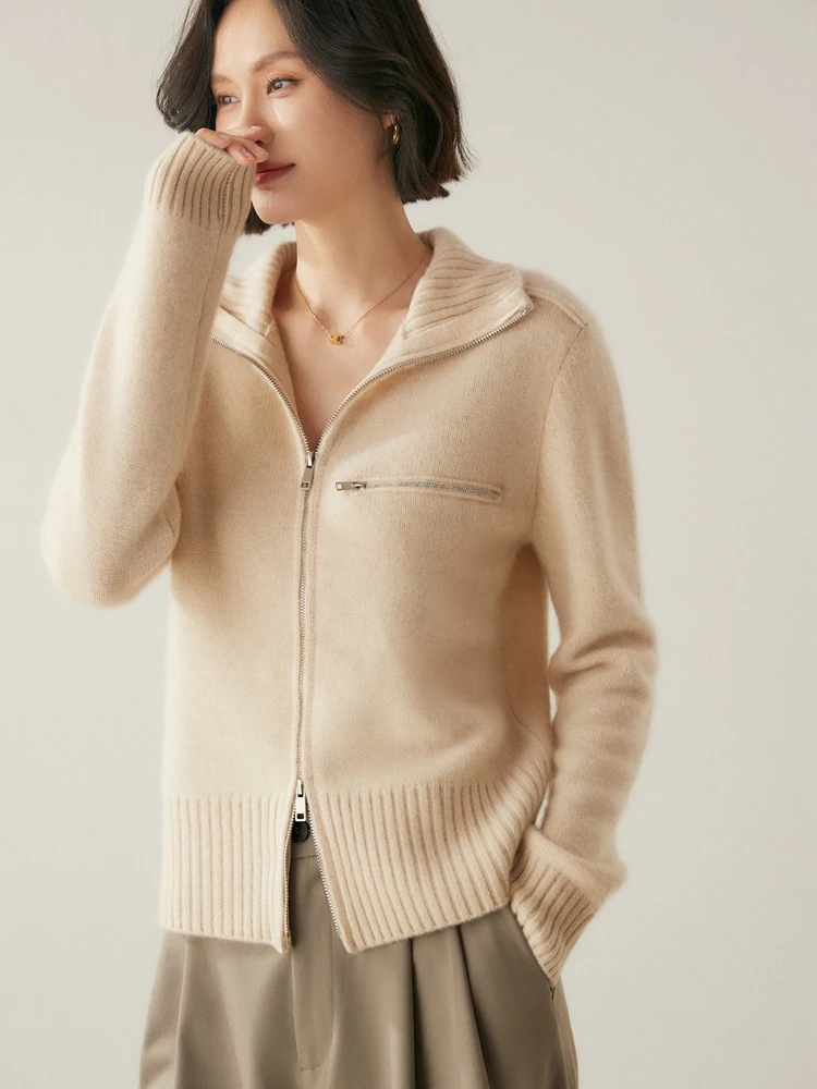 New Chic Women 100% Cashmere Sweater Zipper Cardigan Turtleneck Long Sleeve Sweater Coat Autumn Winter Thick Cashmere Knitwear