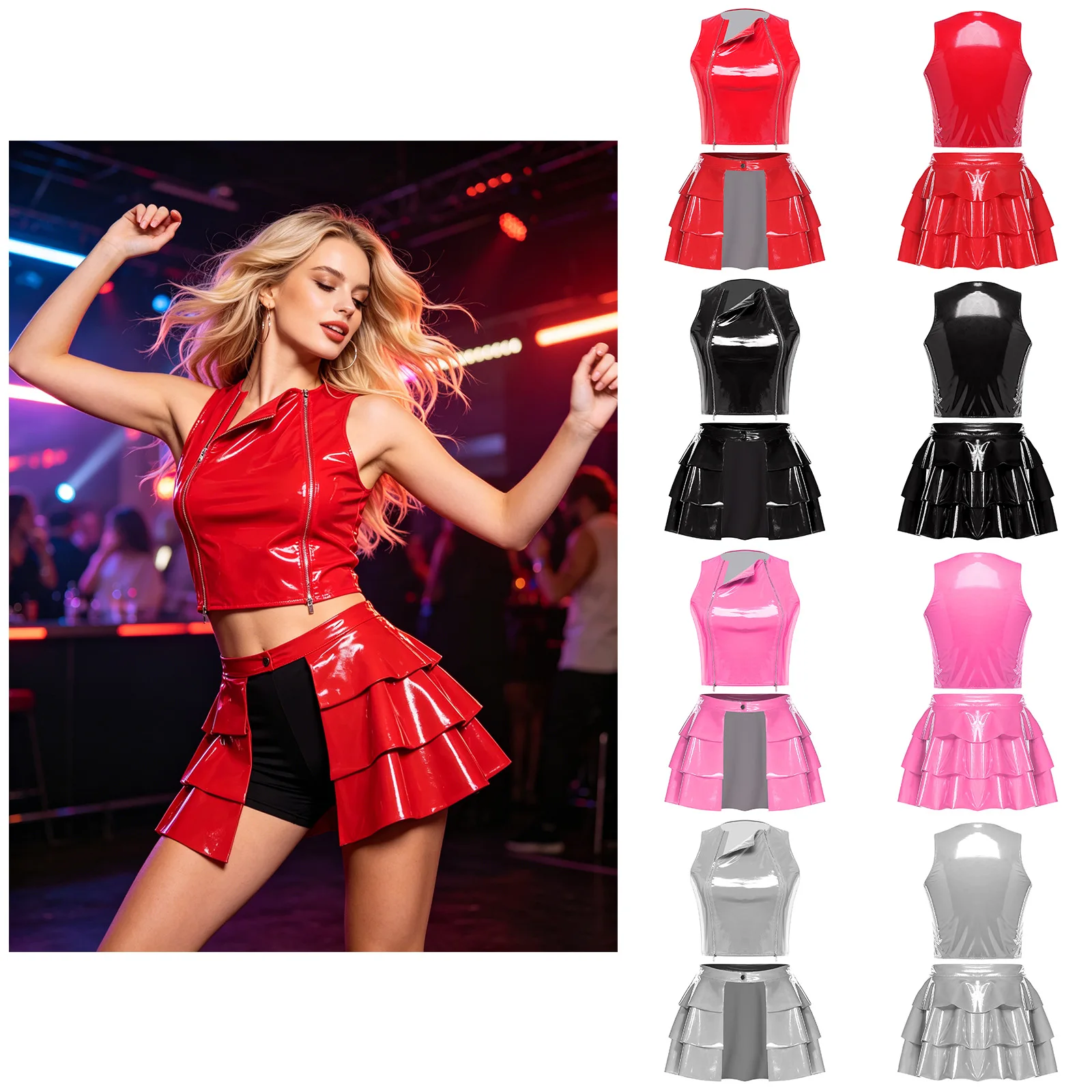 

Womens Wet Look PU Leathre Club Outfits 2 Piece Sleeveless Front Zip Crop Top with Open Front Ruffled Skirt Rave Party Clubwear