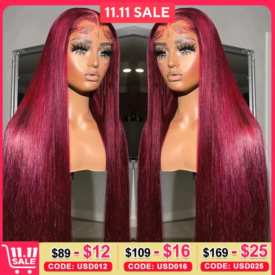 

99J Red Lace Front Human Hair Wig Colored Straight Burgundy 13x6 Transparent Hd Lace Frontal Closure Wig Glueless Wigs for Women