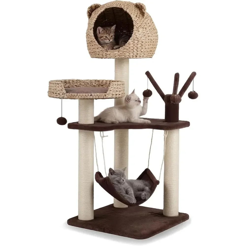 

Multi-Level Cat Tree with Sisal Posts, Hammock, and Cute Condo with Toy Balls (Brown)