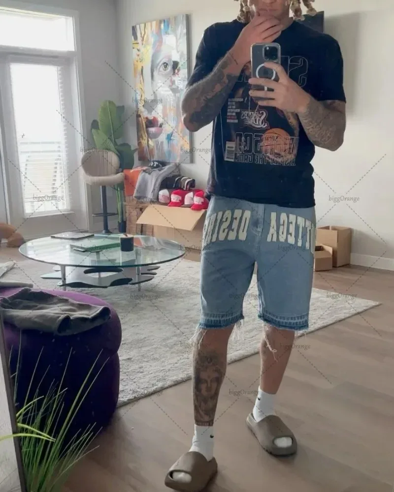 American Street Letter Embroidered Retro Denim Shorts Men's Casual Embroidered Bone Denim Shorts Men's and Women's  Gym Shorts