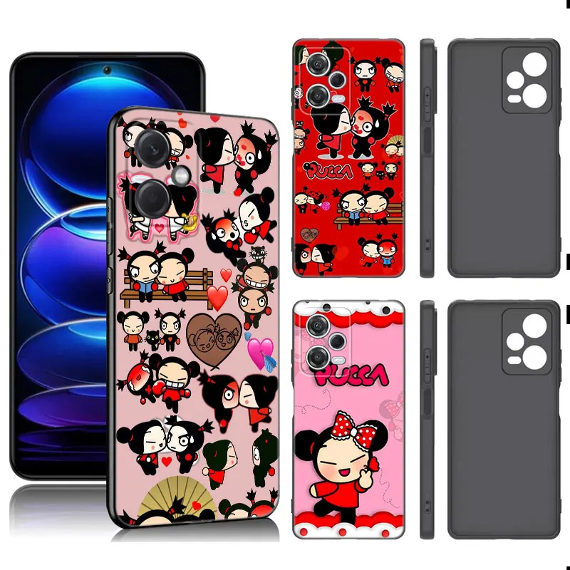 Pucca And Garu Black Silicone Phone Case For Xiaomi Redmi Note 9 10 11 11S 11T 12 13 Pro 5G Plus 9S 10S 12S