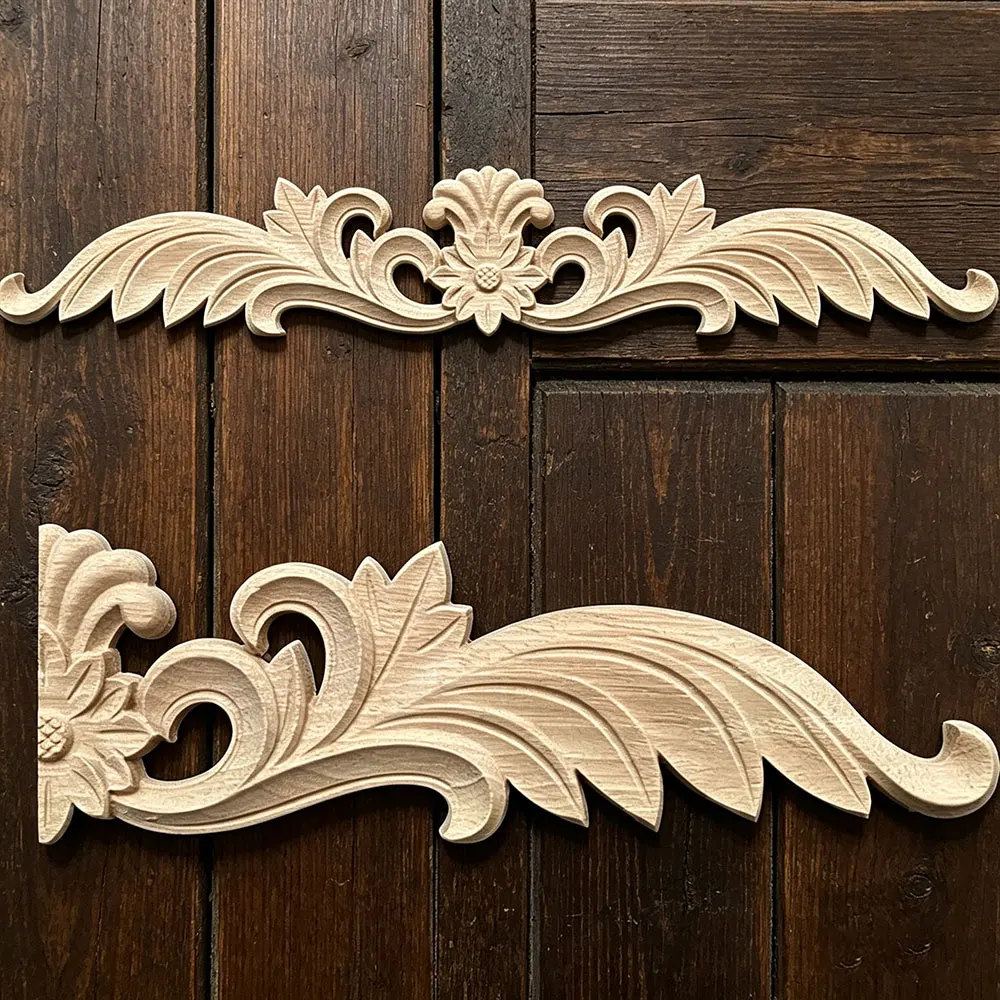 

4PCS Woodcarving Decal Home Furniture Carved Applique Window Door Decor Wooden Figurines Miniatures Crafts Garden Decoration