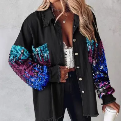 

2025 New Autumn Loose Casual Sequined Denim Fringe Shirt