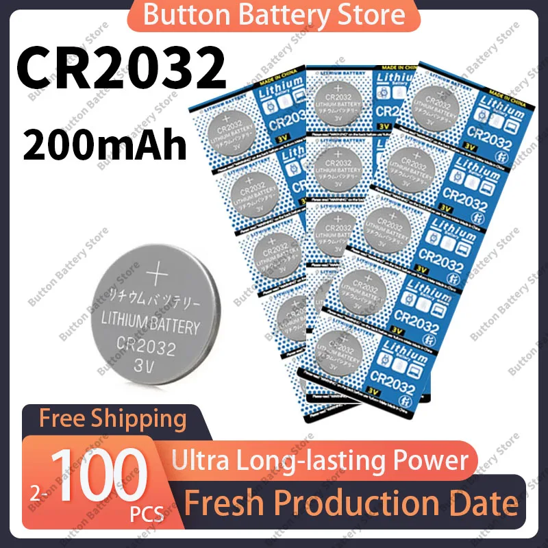 

CR2032 3V 200mAh DL2032/ECR2032 Battery for Watches, Toys, Calculators, Car Key Fobs, Remote Controls,Medical Devices(2-100PCS)