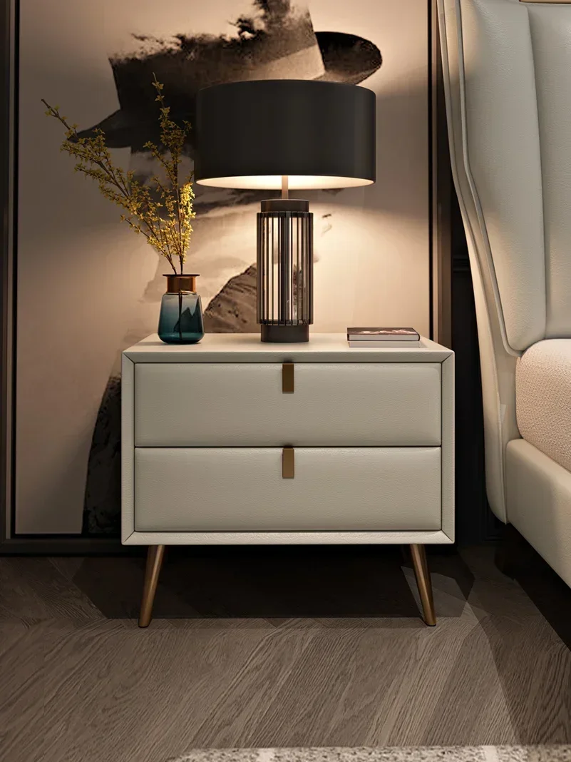 Modern simple bedside table wrapping leather narrow edge metal feet All solid wood bedside drawers Countertop