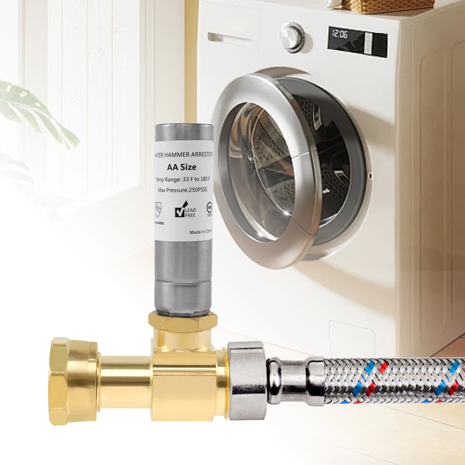 

Stainless Steel water Hammer Arrestor 3/4"NH Thread Pressure Reducer Brass Compact High Temperature Angle for Washing Machine