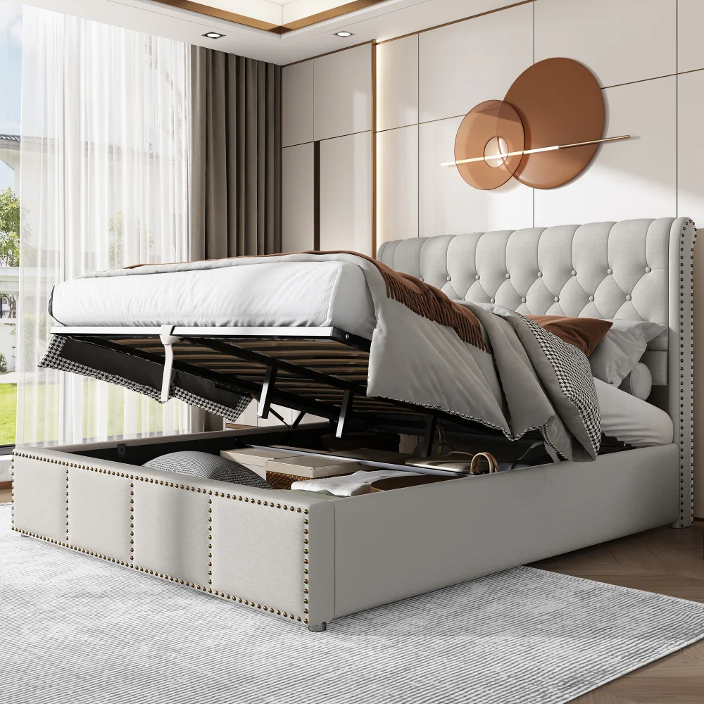 Hydraulic bed in cotton linen, 140x190 cm, quilted and riveted, with storage space, without mattress