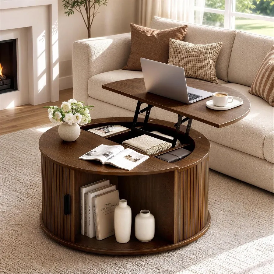 Round Lift Top Coffee Table with Fluted Sliding Door for living room, solid wood, walnut brown, hidden storage and smooth hydra