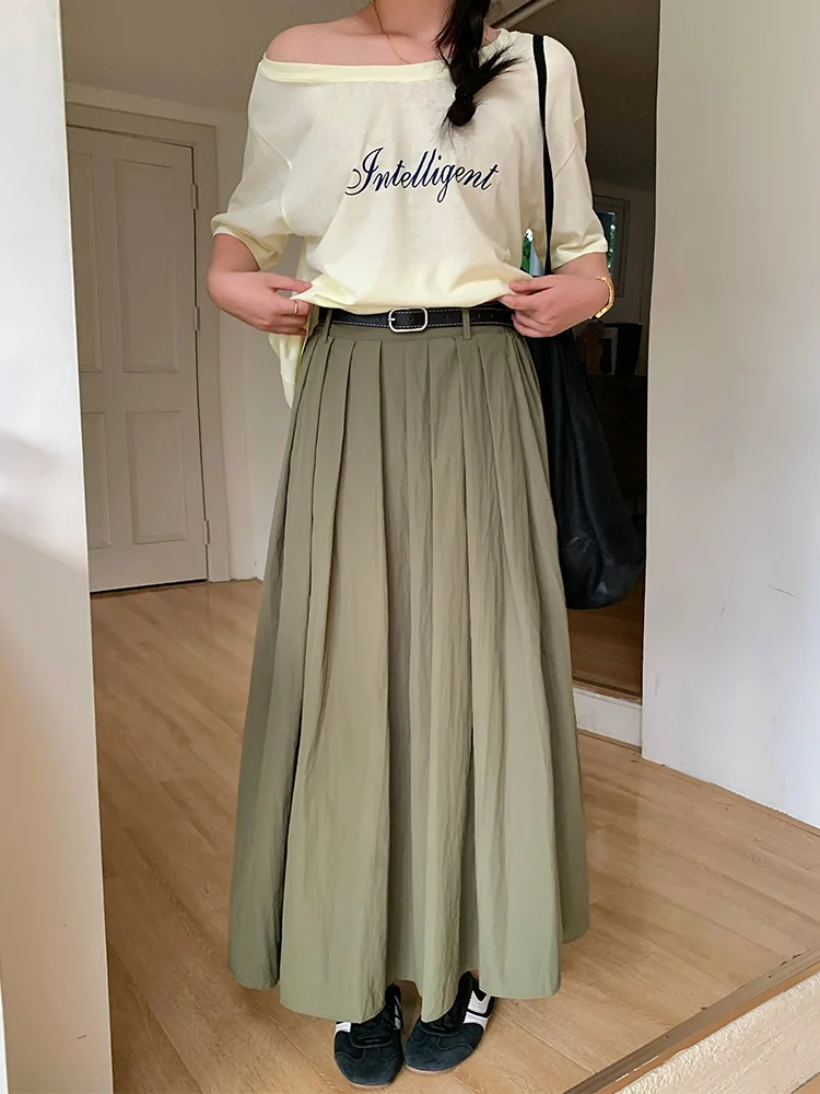 

plus Size Women's Pleated Skirt Military Green High Waist Long Skirts Summer New Style Korean Style Big Size Funny Lin
