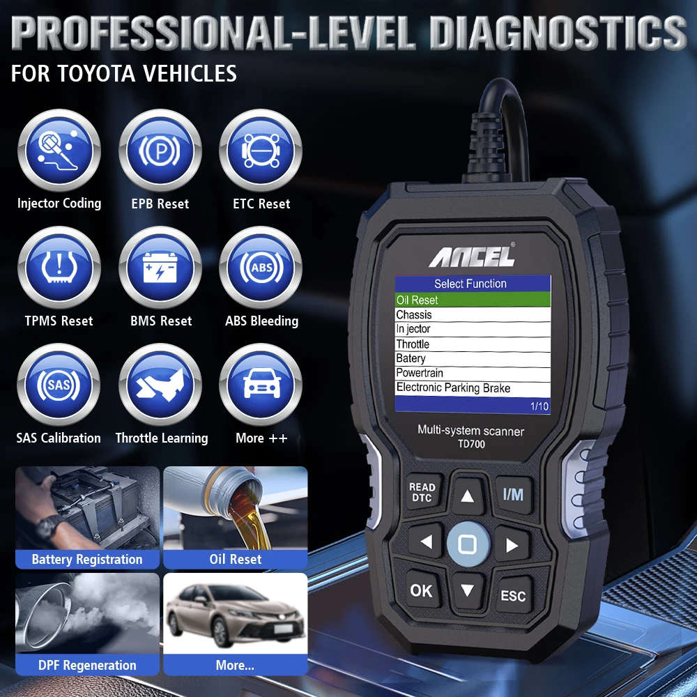 ANCEL TD700 OBD2 Auotmotive Scanner Diagnostic Tools All System Code Reader ABS EPB SAS TPMS Reset Free Update For Toyota Lexus