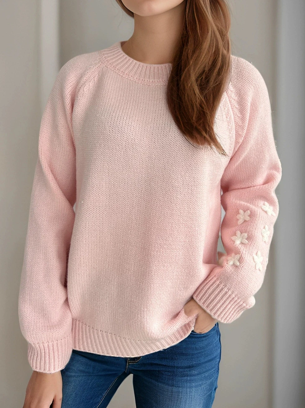 

French arm flower embroidery long sleeved sweater for women's autumn and winter ins commuting loose knit pullover