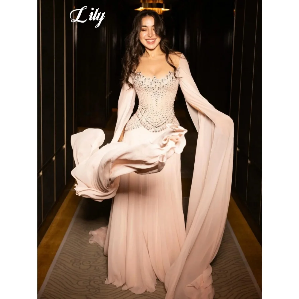 Lily Light Pink Evening Dress With Beaded Corset Bodice And Sheer Cape Sleeves Flowy Chiffon Formal Prom Dress Colors Customized view 6