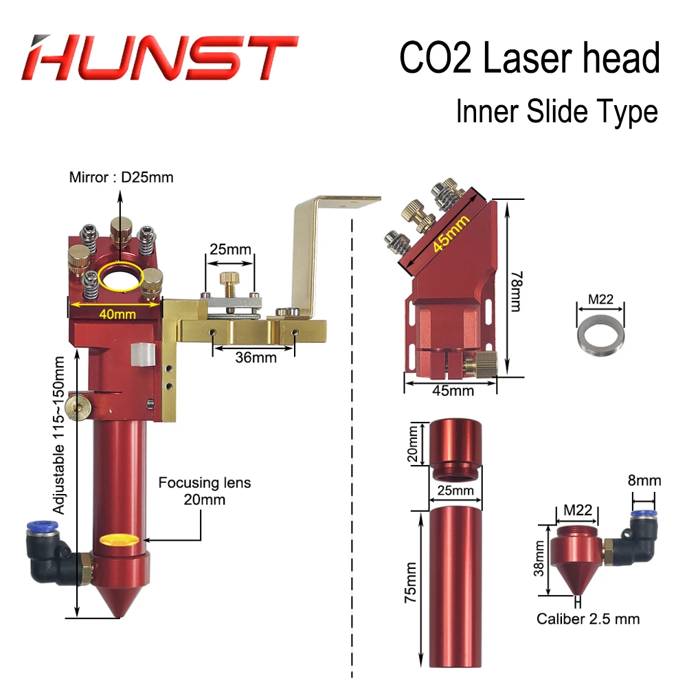 Hunst Inner Slide CO2 Laser Head with Nozzle for Inner Rail Laser Cutting Engraving Machine Spare Parts