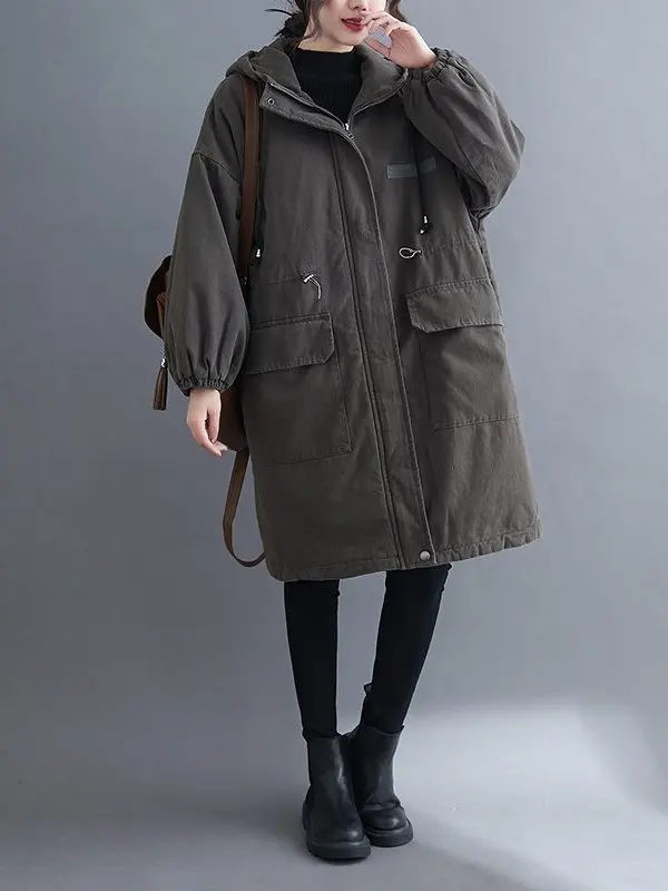 

Women's Loose Fit Cotton Jaet Coat Mid-Length Thiened Waist-Cinching Hooded Zipper Closure Color Workwear Jaet