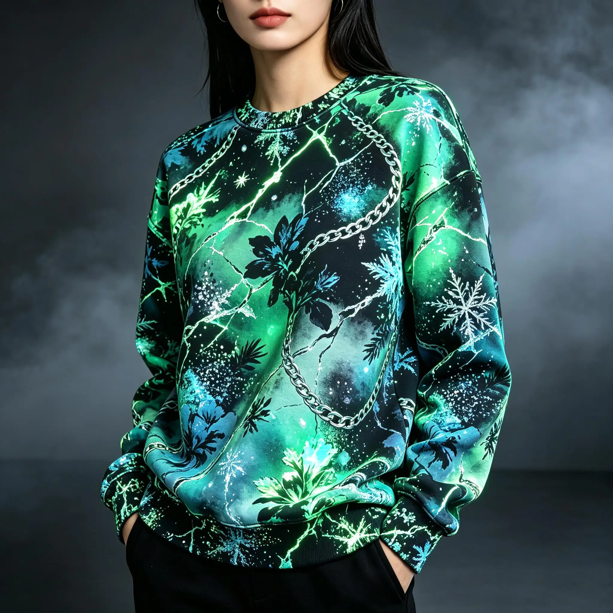 Women Crew Neck Fleece Sweatshirt Green Galaxy Snowflake Chain Print Long Sleeve Loose No Hood Warm Pullover