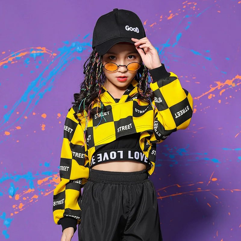 Hip Hop Girls Clothing Yellow Checkerboard Tops Hip Hop Hollow out Pants For Kids Performance Jazz Modern Dancing Costume