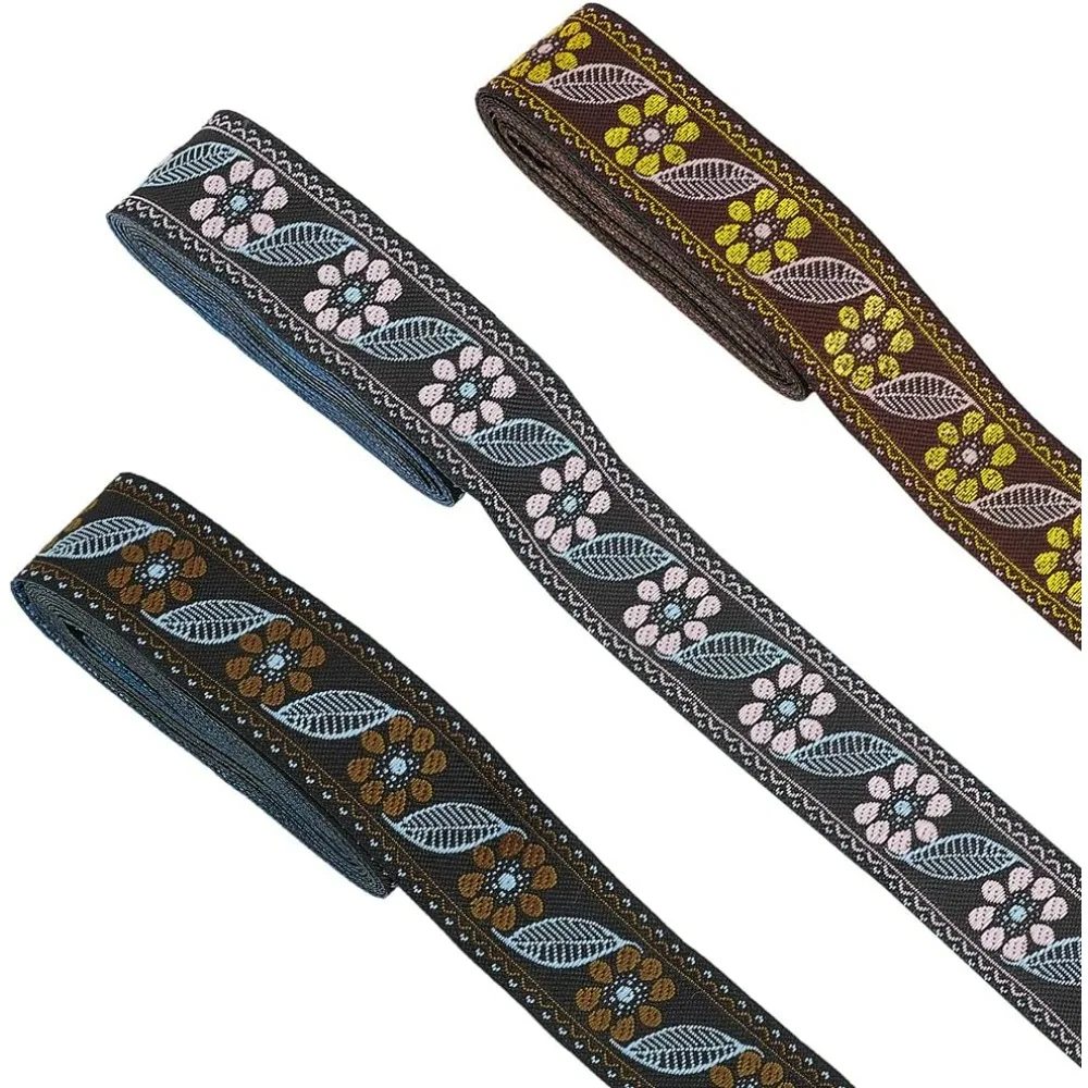 11.5 Yards 3 Colors Jacquard Ribbon Trim Ethnic Embroidery Polyester Ribbons with Flowers & Leaves Pattern 1-1/4