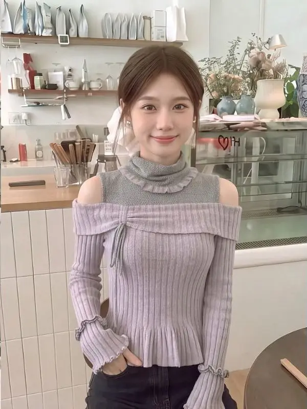 Chic Sweet Long Sleeve T-Shirt Women's Early Autumn New Slimming Fake Two-Piece Shoulder Bared Top Casual Style High Collar
