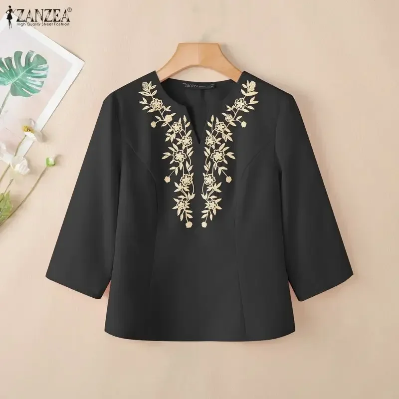 

2026 ZANZEA Women Embroidered Blouse Spring Floral Shirt Casual V Neck 3/4 Sleeve Tops Female Elegant Work Blouses Tunic Mujer
