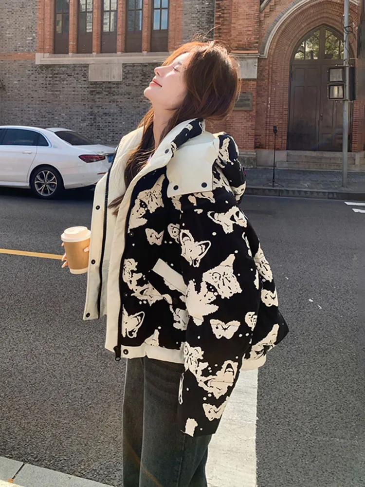 Women 2025 winter new loose design jacket trendy color blocking short butterfly black white hooded fashion down jacket