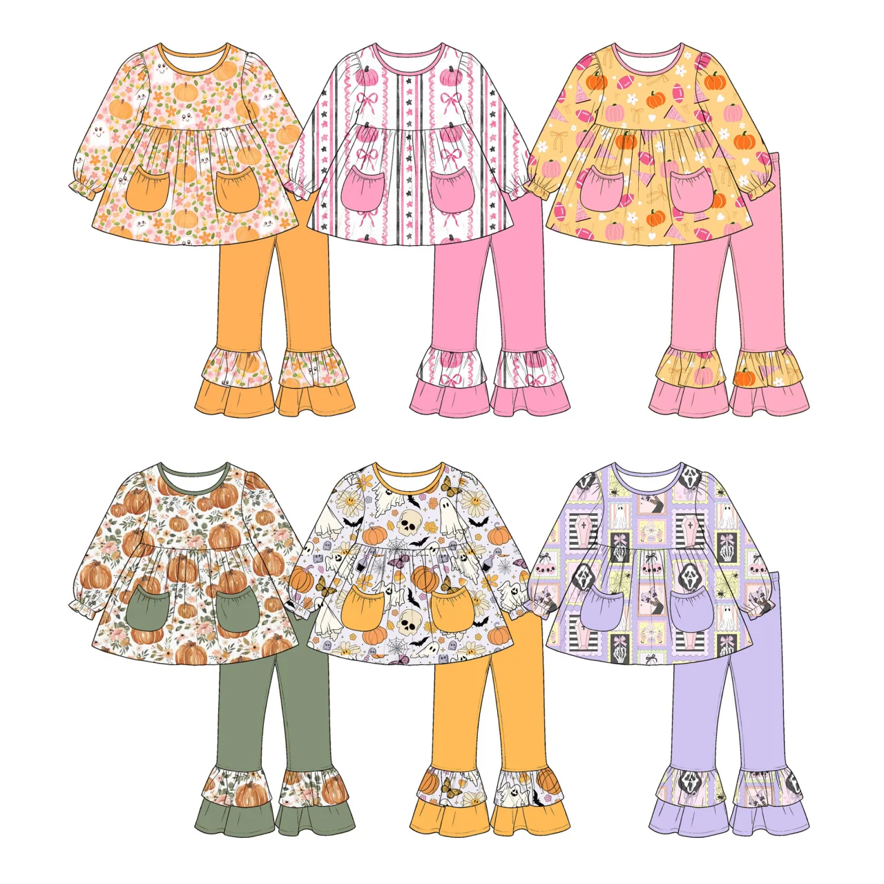 Boutique Halloween Baby Girls Cartoon Pumpkin Print Pockets Long Sleeves Tunic Top Ruffle Pants Wholesale Clothes Outfits Sets