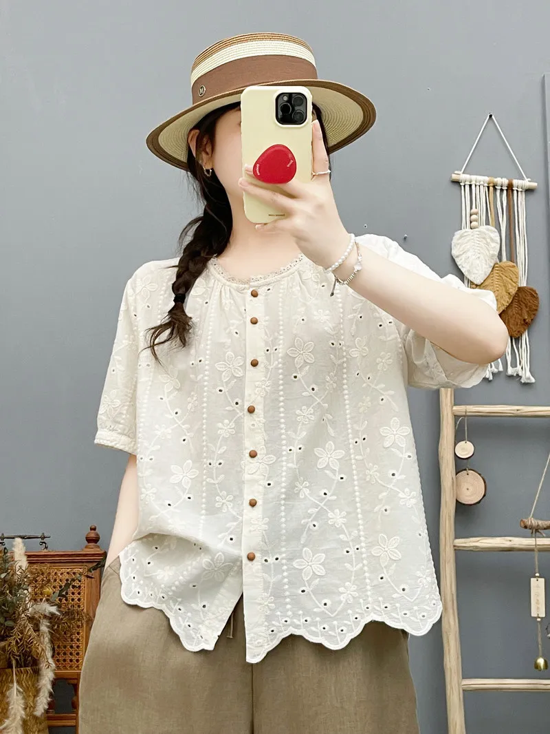 New 2026 Summer Women Cotton Short Sleeve Shirt, Stand Embroidery, Mori Girl Fashion OL Commute Versatile Loose Blouse T66125CC 5