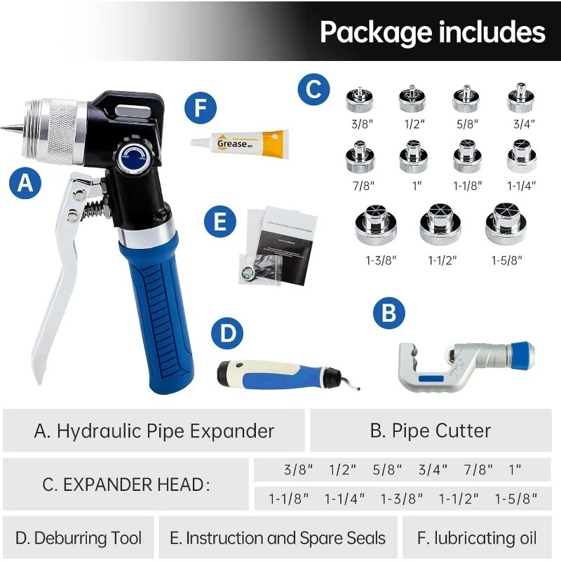 مجموعة أدوات التأرجح الهيدروليكي HVAC لأنابيب النحاس توسيع 3 8 بوصة إلى 1-5/8 بوصة، مع 11 قطعة فكي توسيع