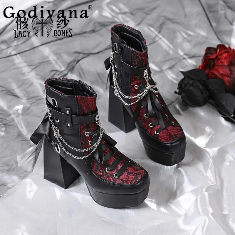 

Y2K Subculture Japanese Original Lolita Dark Gothic Style Women's Boots Sweet Cool Spicy Girl Round Toe High Heel Ankle Boots