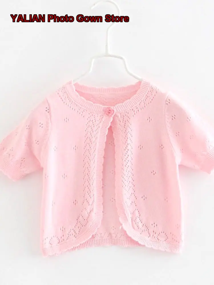 Girls Knit Short Sleeves Summer Infant Baby Pure Cotton Hollow Out Cardigan Air-Conditioning Top Thin Outerwear